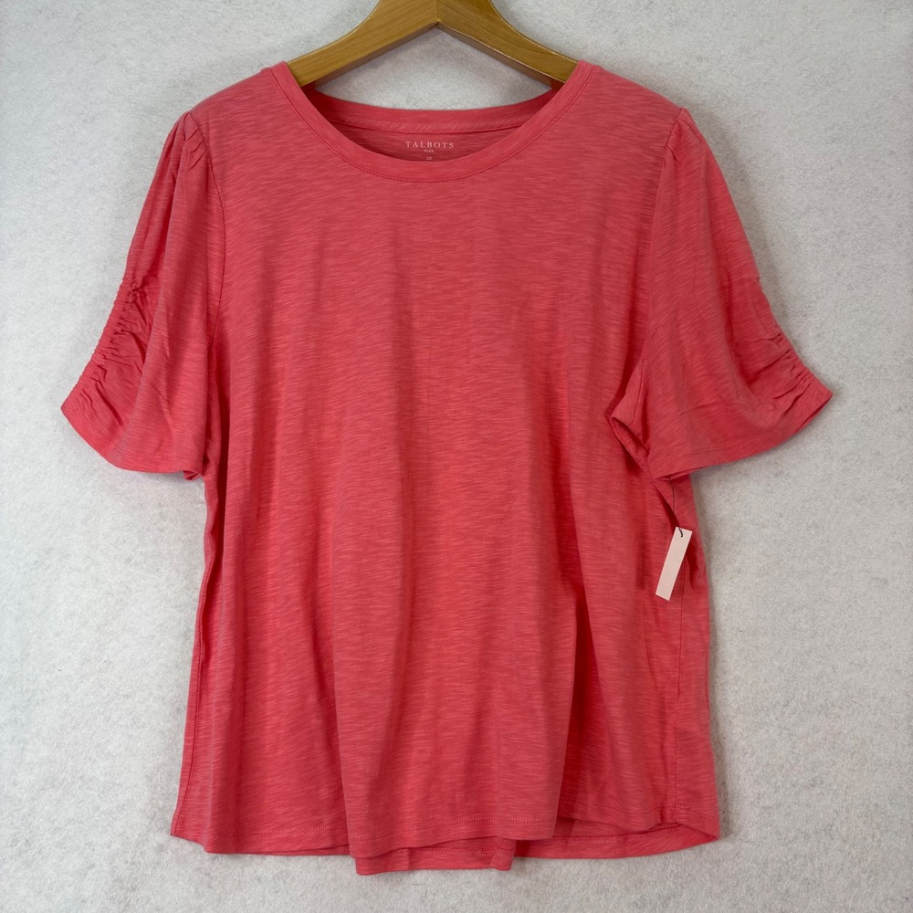 Talbots Ruched Sleeve Coral Slub Knit Tee Women 2X Casual Summer Cotton Coastal